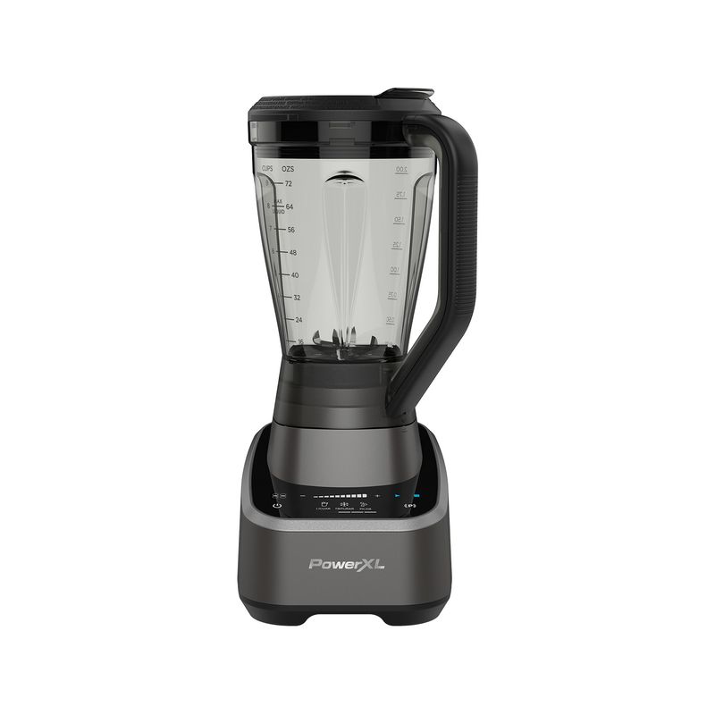 Licuadora 2 l 10 velocidades 1500 W PowerXL, vista frontal del equipo con vaso de vidrio y base gris oscuro