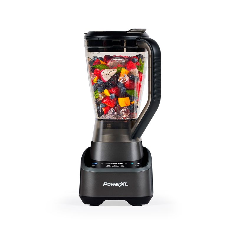 Licuadora 2 l 10 velocidades 1500 W PowerXL, vaso lleno de frutas picadas y cubos de hielo