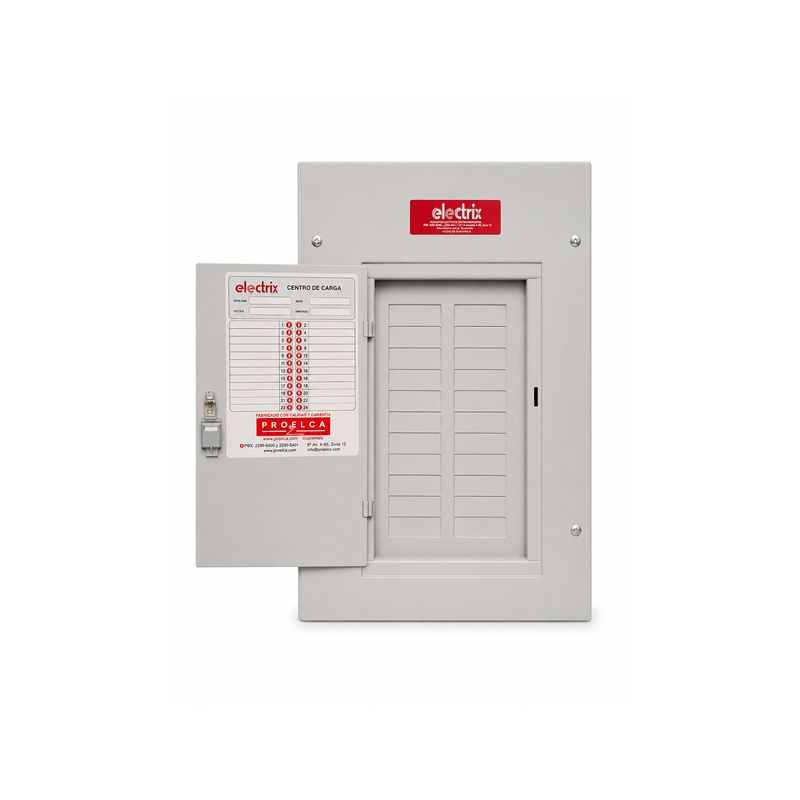 Centro de carga 24 espacios superficial 200A Electrix, tablero gris con puerta abierta y tabla de circuitos