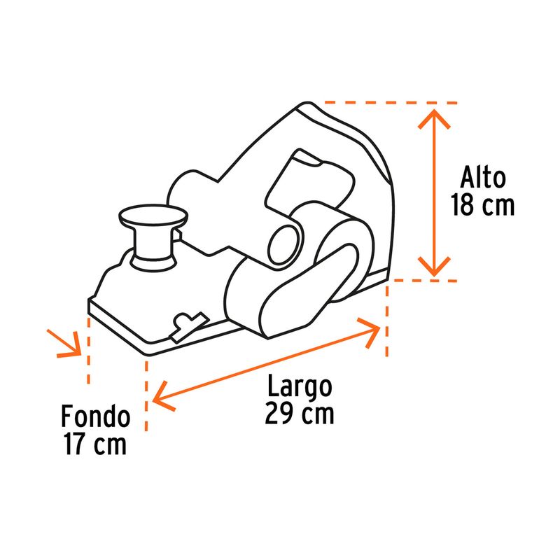 Cepillo eléctrico industrial Truper de 3-1/4 pulgadas, 720 W y 110 V, diagrama técnico con medidas de largo, fondo y alto