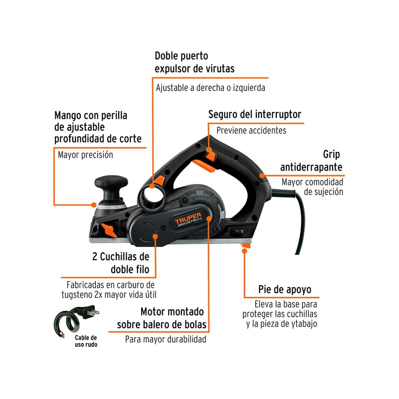 Cepillo eléctrico industrial 3-1/4 pulgadas, 720 W, 110 V Truper, infografía con señalamientos de sus características