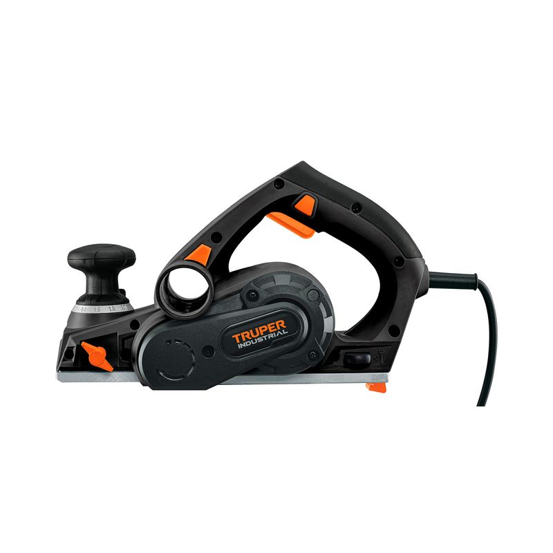 Cepillo eléctrico industrial Truper de 3-1/4 pulgadas, 720 W y 110 V, vista lateral en color negro y naranja