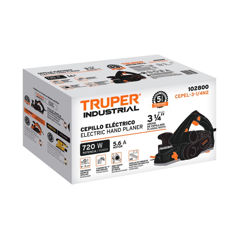Cepillo eléctrico industrial Truper de 3-1/4 pulgadas, 720 W y 110 V, en su caja blanca con ilustración del equipo