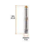 Bomba sumergible tipo bala 1/2 HP agua limpia 110 V Truper, gráfico con medidas de 62 cm de alto y 9 cm de diámetro