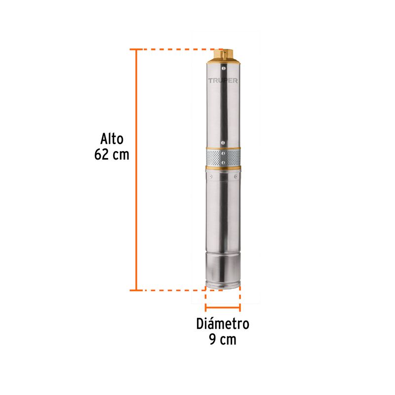 Bomba sumergible tipo bala 1/2 HP agua limpia 110 V Truper, gráfico con medidas de 62 cm de alto y 9 cm de diámetro