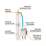 Bomba sumergible tipo bala 1/2 HP agua limpia 110 V Truper, diagrama con etiquetas de sus partes y caja de control