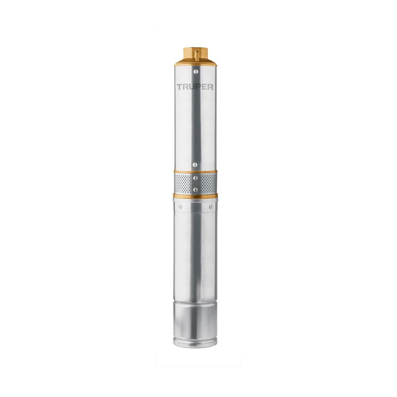 Bomba sumergible tipo bala de 1/2 HP, agua limpia y 110 V Truper, cuerpo cilíndrico metálico con detalles en dorado