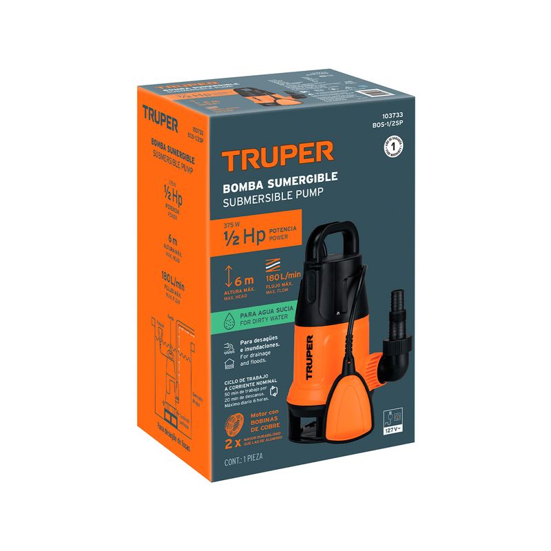 Bomba sumergible para agua sucia 1/2 HP 110 V Truper, empaque de cartón con ilustración del producto y especificaciones