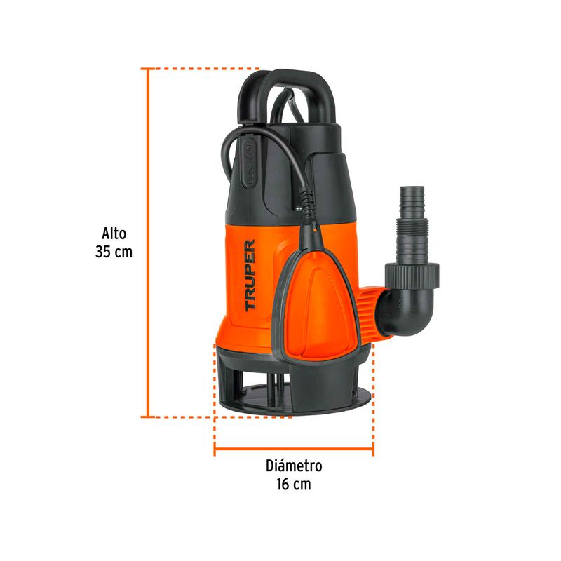 Bomba sumergible para agua sucia de 1/2 HP y 110 V Truper, diagrama con medidas de 35 cm de alto y 16 cm de diámetro