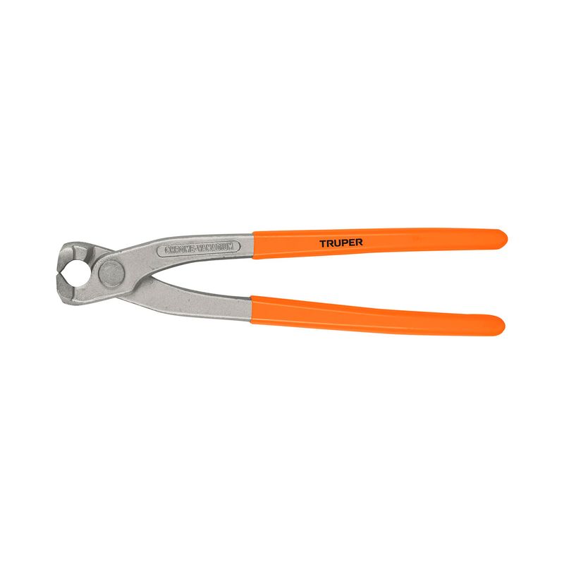 Tenaza de armador de 9 pulgadas Truper, vista lateral con mangos naranjas y cabeza de acero