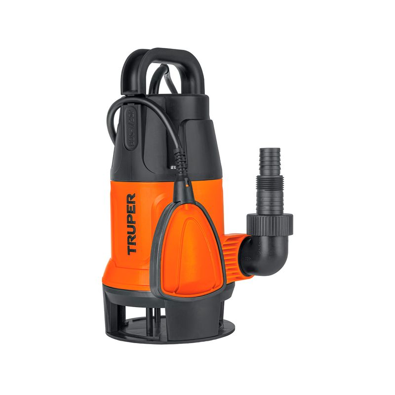 Bomba sumergible para agua sucia de 1/2 HP y 110 V Truper, cuerpo color naranja y negro con asa y salida de manguera