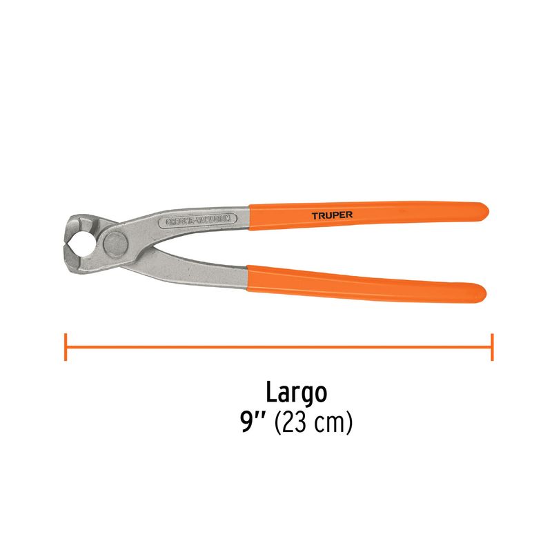 Tenaza de armador de 9 pulgadas Truper, vista lateral con gráfico que indica el largo de 9 pulgadas o 23 cm