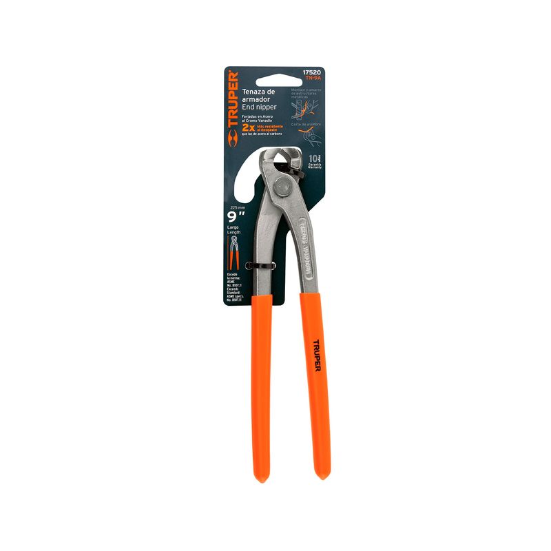 Tenaza de armador Truper de 9 pulgadas, vista frontal del producto en su empaque con mango color naranja