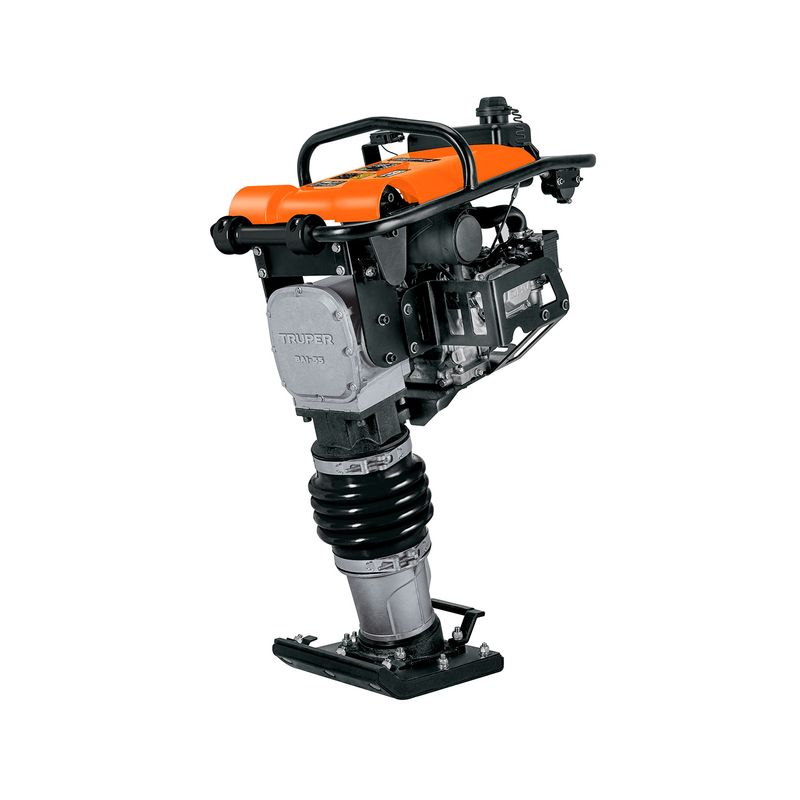 Compactadora a gasolina Truper de 5.5 HP, GX160 y 4 tiempos, vista lateral del equipo con motor naranja y base negra