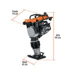 Compactadora a gasolina 5.5 HP GX160 4 tiempos Truper, esquema técnico con medidas de base, fondo y alto