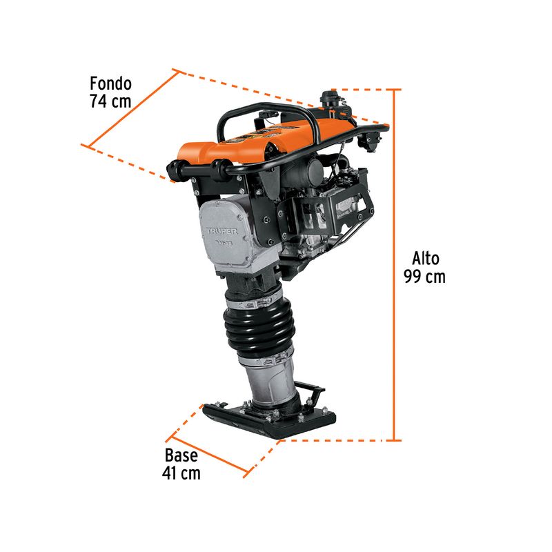 Compactadora a gasolina 5.5 HP GX160 4 tiempos Truper, esquema técnico con medidas de base, fondo y alto