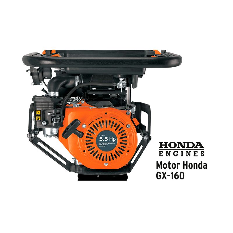 Compactadora a gasolina 5.5 HP GX160 4 tiempos Truper, primer plano del motor Honda naranja con letras negras