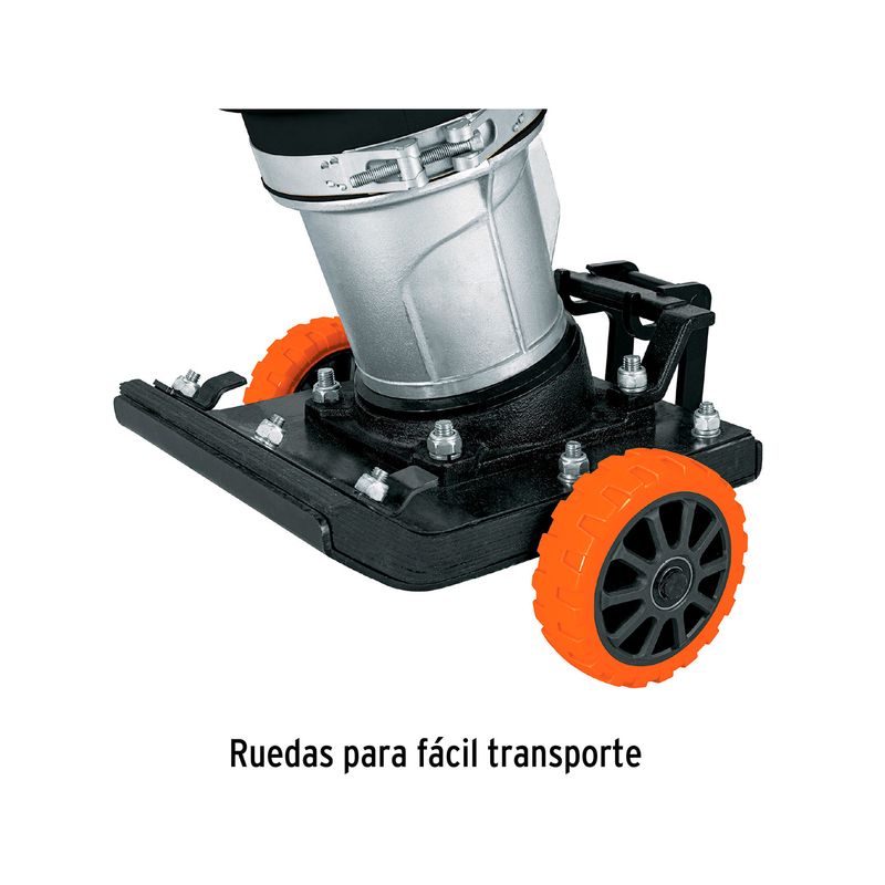 Compactadora a gasolina Truper de 5.5 HP, GX160 y 4 tiempos, detalle de la base negra con ruedas naranjas de transporte