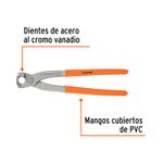 Tenaza de armador de 9 pulgadas Truper, gráfico con etiquetas que resaltan los dientes de acero y mangos de PVC