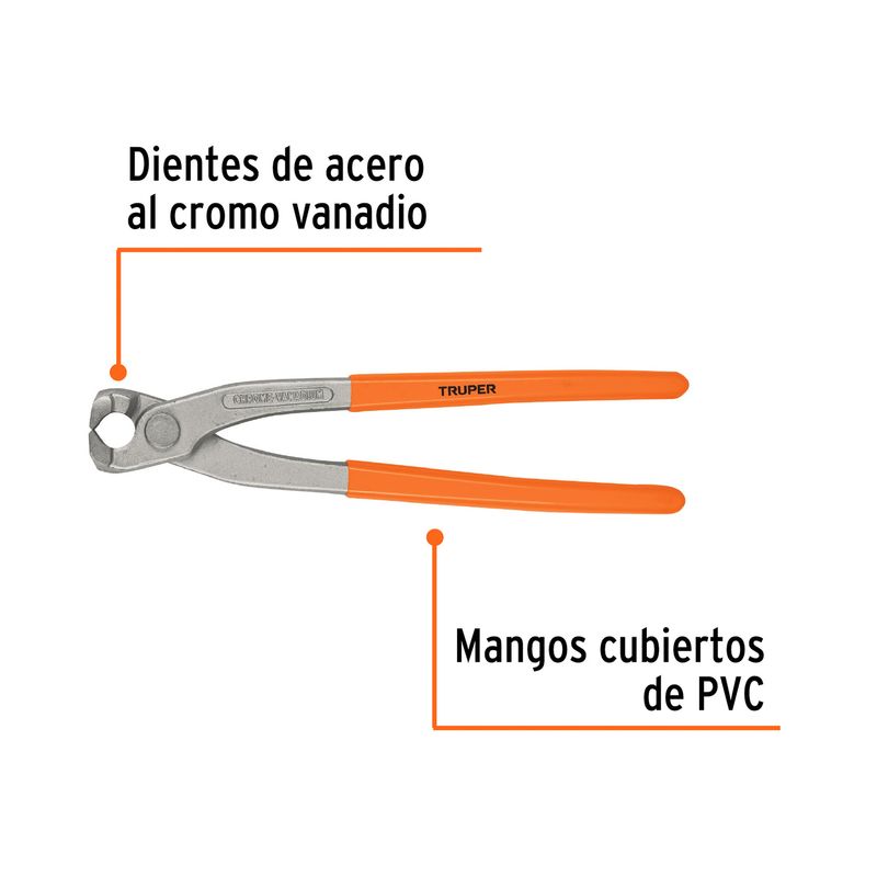 Tenaza de armador de 9 pulgadas Truper, gráfico con etiquetas que resaltan los dientes de acero y mangos de PVC