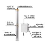 Bomba sumergible tipo bala 2 HP agua limpia 110 V Pretul, esquema con etiquetas de sus partes y caja de control blanca
