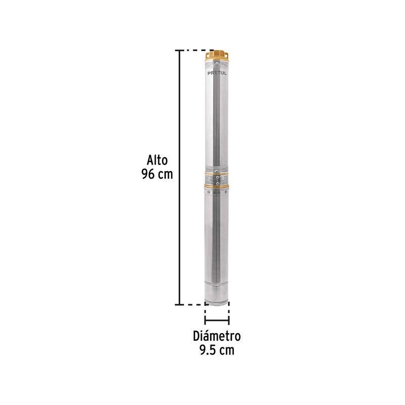 Bomba sumergible tipo bala 2 HP agua limpia 110 V Pretul, gráfico con medidas de alto 96 cm y diámetro 9.5 cm