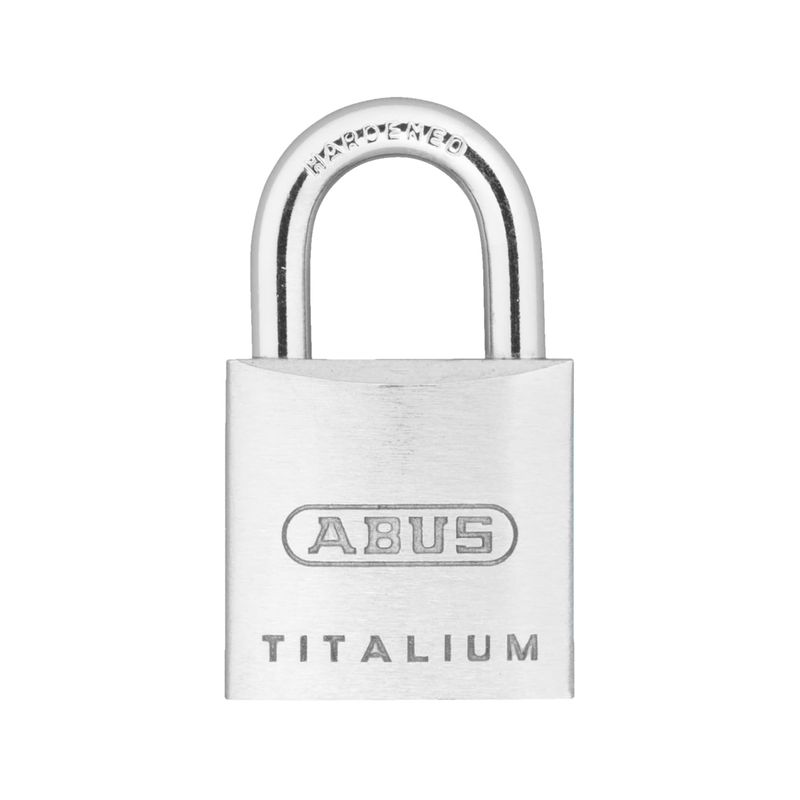 Candado aluminio Titalium 25 mm Abus, vista frontal del cuerpo metálico plateado con el logo de la marca grabado