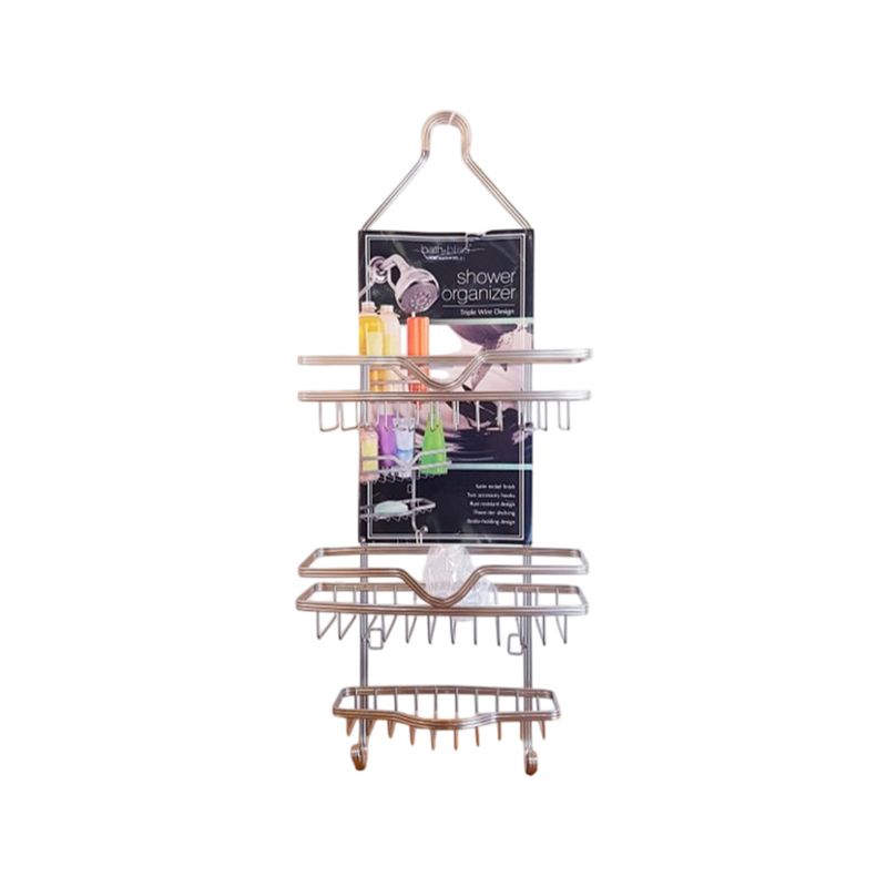 Organizador de ducha colgante de baño metal Bath Bliss Sinsa, vista frontal del producto con empaque y tres niveles