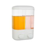 Dispensador para jabón líquido y shampoo Kennedy Home, vista frontal con depósitos llenos de líquido amarillo y rosado