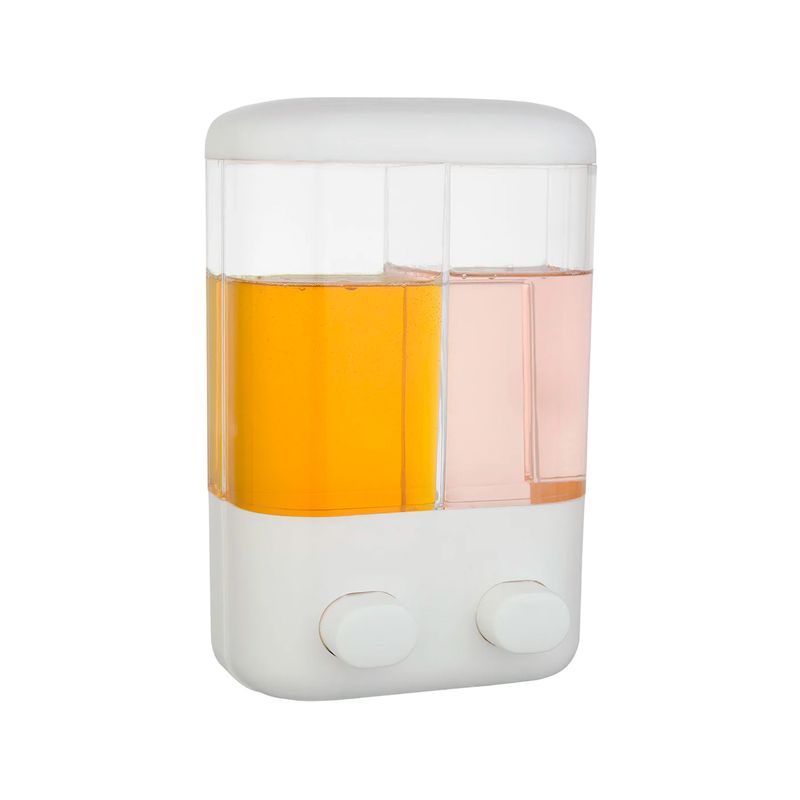 Dispensador para jabón líquido y shampoo Kennedy Home, vista frontal con depósitos llenos de líquido amarillo y rosado