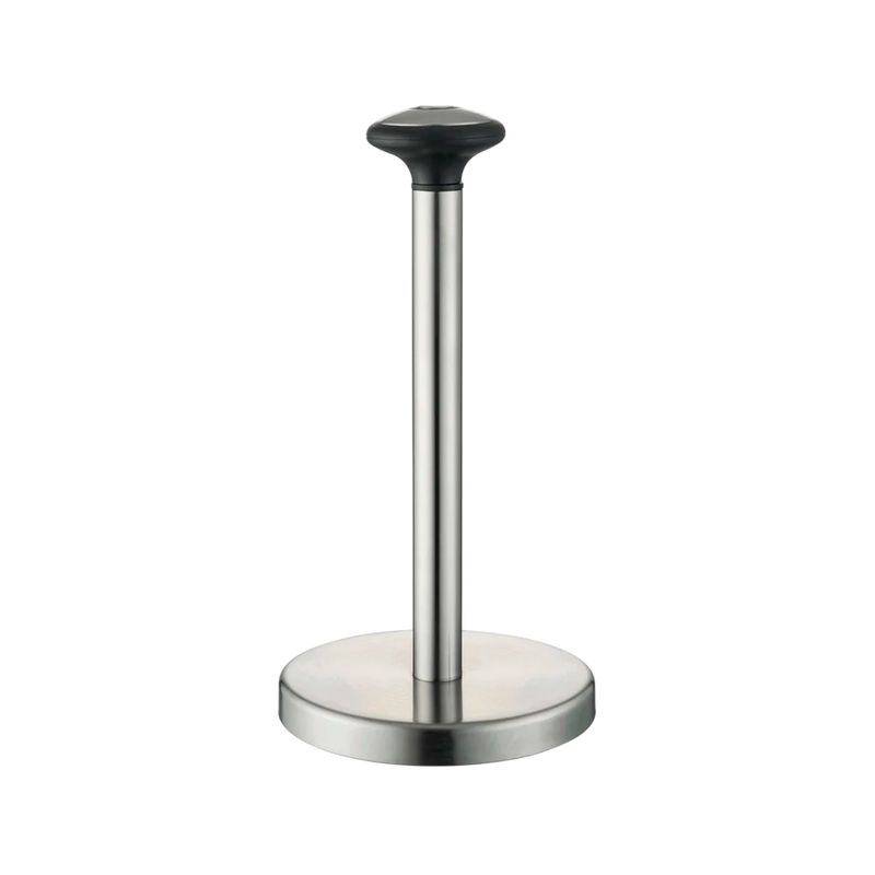 Dispensador de papel toalla acero inoxidable plateado Kennedy Home, vista frontal del soporte vertical con base circular