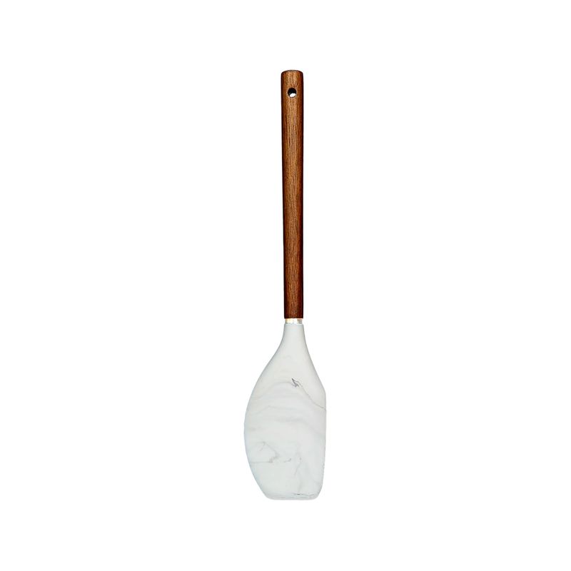 Espátula de silicona con mango de madera Kitchen Details, vista frontal con cabezal blanco marmoleado