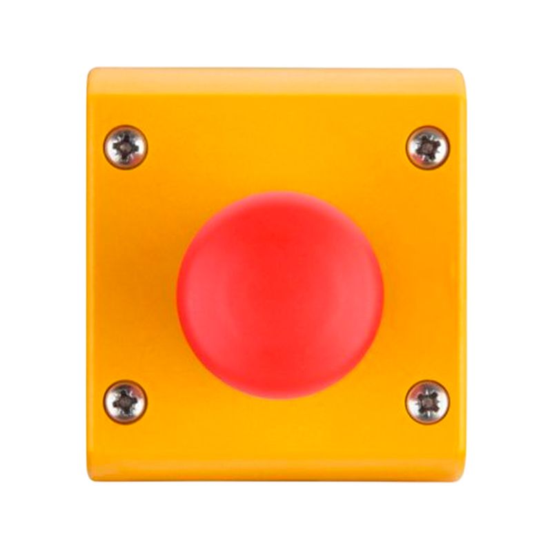 Estación de control armado 1 elemento botón hongo rojo push-pull Eaton, vista frontal sobre base cuadrada amarilla
