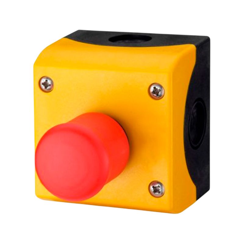 Estación de control armado 1 elemento botón hongo rojo push-pull Eaton, vista en ángulo del botón rojo sobre caja amarilla