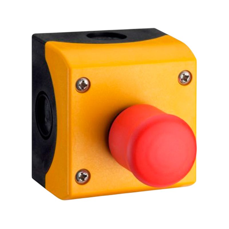 Estación de control armado 1 elemento botón hongo rojo push-pull Eaton, vista diagonal de la carcasa amarilla y negra