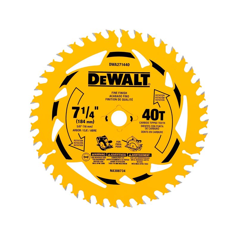Disco para madera DeWALT de 7-1/4 pulgadas y 40 dientes, vista frontal del disco de color amarillo y negro
