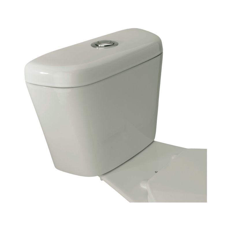 Sanitario Milán simple descarga 2 piezas push blanco Franz Viegener, primer plano del tanque con botón cromado