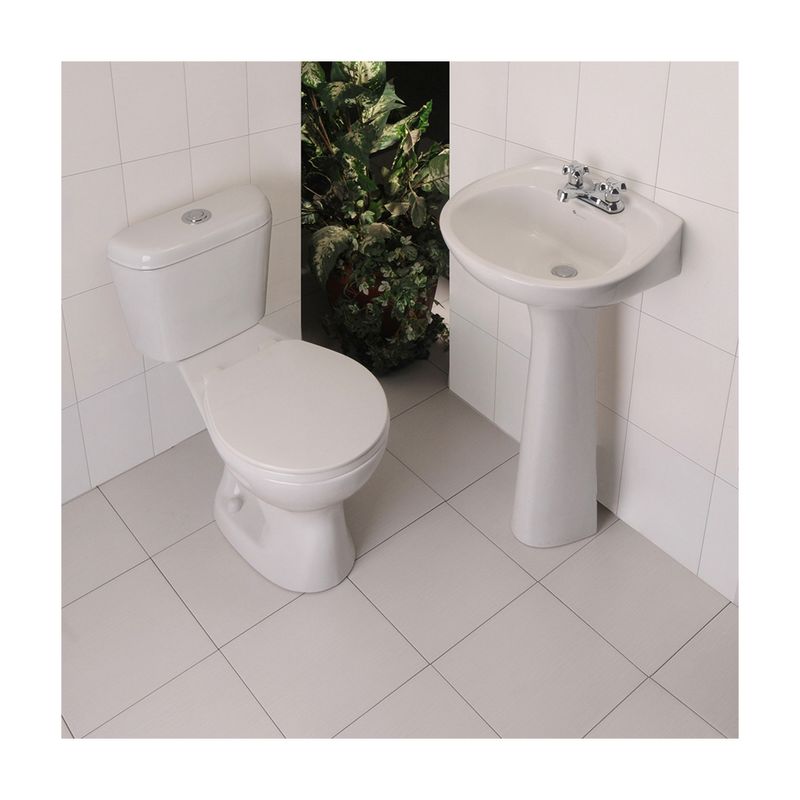 Sanitario Milán simple descarga 2 piezas push blanco Franz Viegener, instalado en baño junto a lavamanos de pedestal