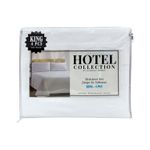 Juego de sábanas King 4 piezas blanco Hotel Collection, empaque plástico con etiqueta y muestra de cama armada