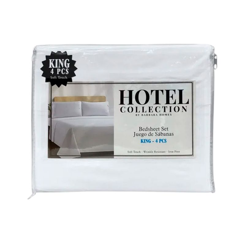 Juego de sábanas King 4 piezas blanco Hotel Collection, empaque plástico con etiqueta y muestra de cama armada