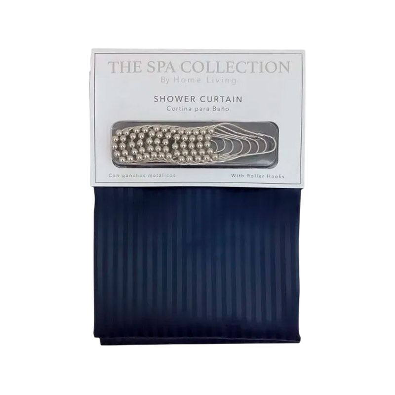 Cortina para baño 180 x 180 cm 12 pza azul marino The Spa Collection, empaque con ganchos metálicos visibles