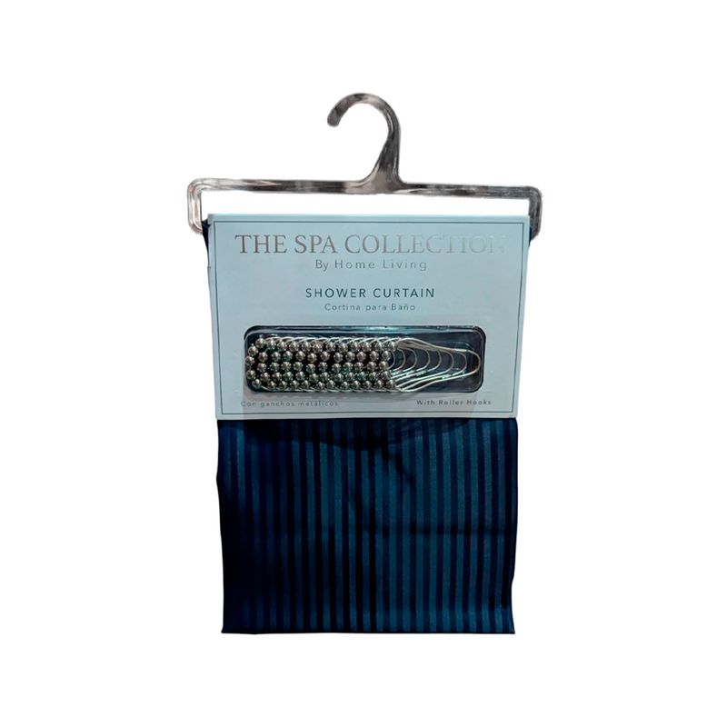 Cortina para baño 180 x 180 cm 12 pza azul marino The Spa Collection, empaque con ganchos metálicos y tela doblada