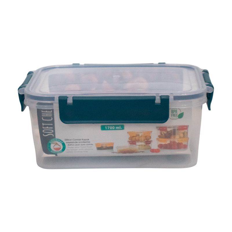 Envase para alimentos 1700 ml transparente rojo vino azul amarillo con tapa Soft Chef Sinsa, frente del envase transparente