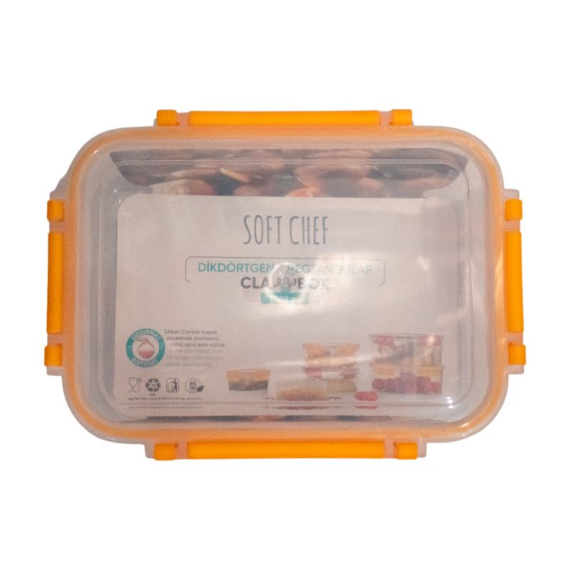 Envase para alimentos 1700 ml transparente, rojo vino, azul y amarillo Sinsa, vista superior del recipiente con tapa amarilla