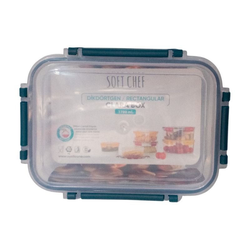 Envase para alimentos 1700 ml transparente, rojo vino, azul y amarillo Sinsa, vista superior del recipiente con tapa cerrada
