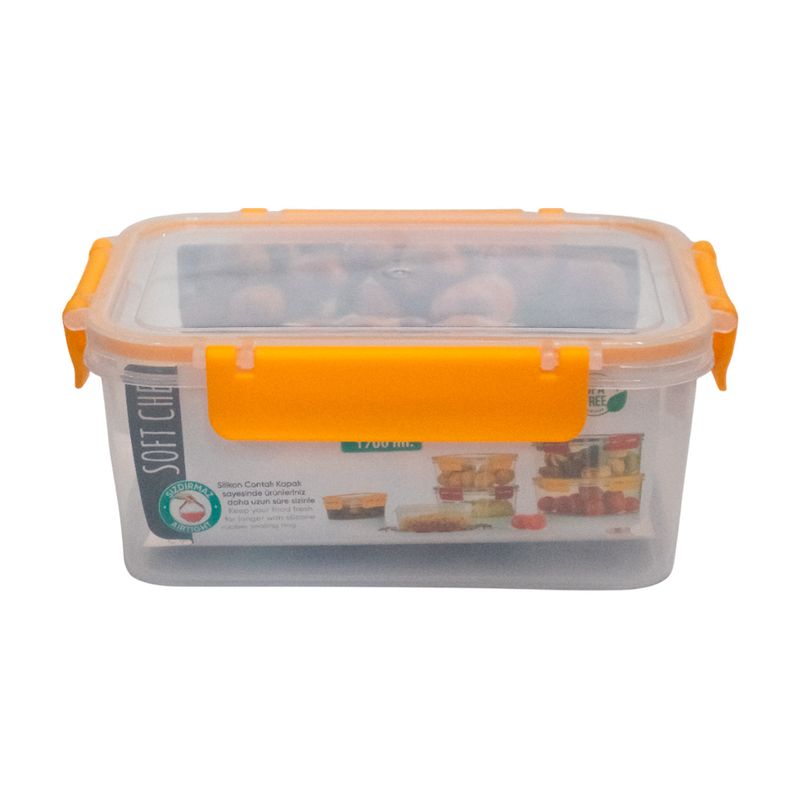 Envase para alimentos 1700 ml transparente rojo vino azul amarillo Sinsa, recipiente transparente con tapa y cierres naranjas