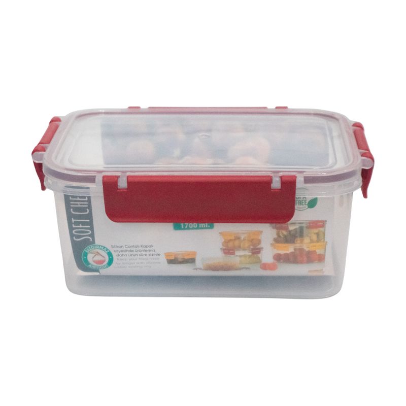 Envase para alimentos 1700 ml transparente, rojo vino, azul y amarillo Sinsa, recipiente transparente con tapa y clips rojos