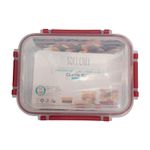 Envase para alimentos 1700 ml transparente, rojo vino, azul, amarillo Sinsa, vista superior con tapa y etiqueta blanca