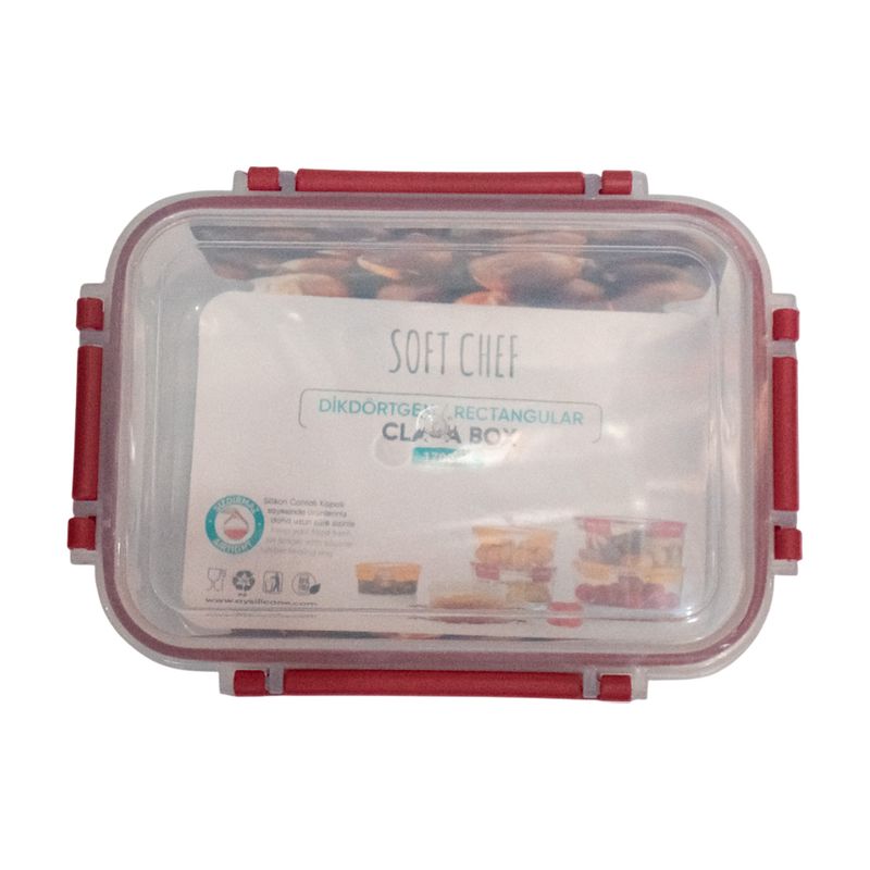 Envase para alimentos 1700 ml transparente, rojo vino, azul, amarillo Sinsa, vista superior con tapa y etiqueta blanca