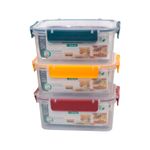 Envase para alimentos 1700 ml transparente, rojo vino, azul y amarillo con tapa Soft Chef Sinsa, tres recipientes apilados